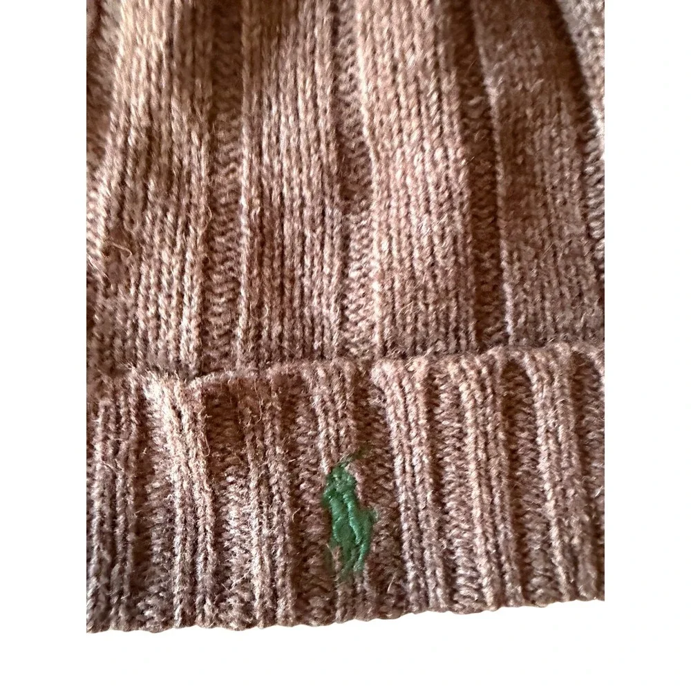 Vintage Polo Ralph Lauren Brown Lambswool Ribbed Knit Beanie Hat Green Pony Logo